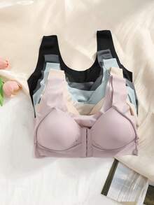 5pcs/Set Women's Front Snap Seamless Back Beauty Bra - Easy To Wear, One-Piece Design, Padded Wire-Free, Thin Skin-Friendly, No Restraint, Perfect For Daily Wear, Sleep & Lounge Lingerie - 混合色 - 查看 3