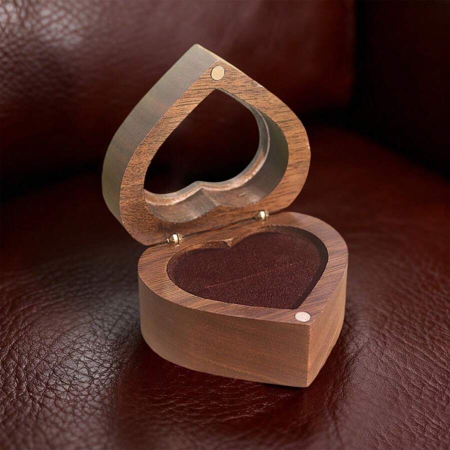 Ring Box With 2 Slot Wooded Heart Shaped Jewellry Display Box For Proposal Engagement Wedding - Coffee Brown - View 1