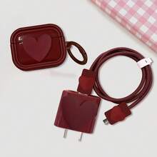 5件套酒红色心形保护壳 适用于Apple 18-20W充电器、数据线保护套