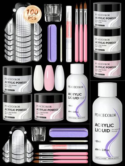 peacecolor 10pcs Transparent Pink & White Acrylic Nail Art Kit - 15g Nail Powder & Liquid Monomer, Crystal Nail Extension Supplies, Suitable For Women DIY Nail Salon Gift