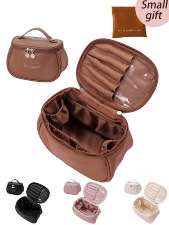 1个PU皮革旅行化妆包，便携式防潮收纳袋，女士手提化妆包，大容量防水洗漱包，多功能防尘整理包，适用于化妆刷、口红、粉底、精华液、精油、眼影盘等，卧室必备，旅行必备，飞行必备，学生必备，桌面收纳，送给朋友、老师、母亲、爱人的礼物，万圣节礼物，圣诞节礼物，秋冬季必备，秋季装饰，卧室装饰