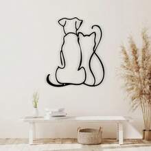 1 قطعة فن جداري معلق من المعدن بتصميم قطة وكلب خيالي - ديكور معلق بتصميم مجوف فريد، مناسب للمنزل والحديقة - ديكور داخلي فريد، فكرة هدية عيد، حرفة معدنية متينة، للتعليق على الحائط - الأسود - مشاهدة 1