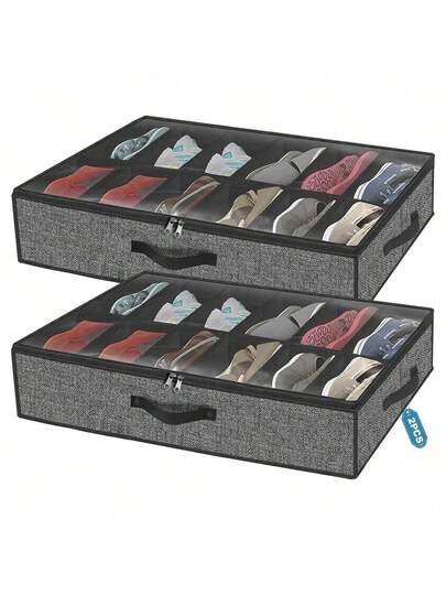2 pieza Organizador plegable de 12 rejillas para almacenamiento de zapatos debajo de la cama, 12 compartimentos a prueba de polvo de tela no tejida apilable, estructura resistente y ahorradora de espacio con cartón de 2 mm de grosor, adecuado para tacones altos y zapatillas de gimnasio, 74.5 cm