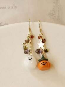1 Pair Rhinestones Artificial Zirconia Earrings For Women Jewelry Accessories Halloween Party Girl Gift Cute Cartoon Pumpkin Lantern Little Ghost Pendant Earrings