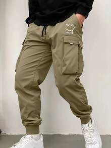 Men's Casual Print Side Pocket Cargo Pants, For Fall - Black - View 5