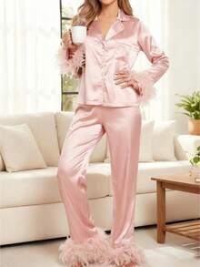 Women's 2 Piece Lounge Set Long Sleeve Lapel Button Up Satin Shirt Pants Sleepwear Sets - Hồng - Xem 1