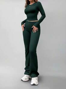 Women's Round Neck Long Sleeve T-Shirt And Pants Casual Matching Set, Versatile For Spring - Dark Green - View 3
