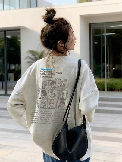 女款休閒字母印花圓領長袖T恤，春秋百搭