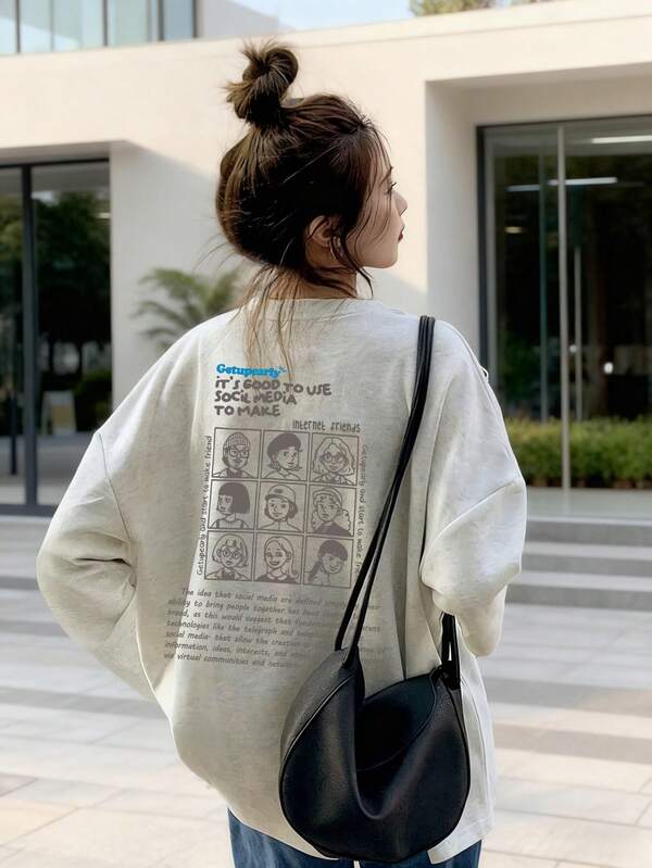 女款休閒字母印花圓領長袖T恤，春秋百搭