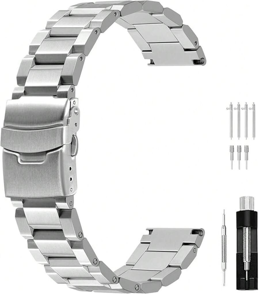 Correa de reloj clásica de acero inoxidable de 18mm 20mm 22mm 24mm, correa de reloj de metal cepillado en plata y negro para mujeres y hombres, correa de reemplazo de reloj con doble hebilla - Plateado - Ver 1