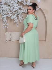 Women's Plus Size Midi Dress With Lined Square Neckline, Short Sleeves, Shoulder Tie, Padded Cups And Elastic Back In Duna Linen - Elegant Fashion Party Dress - 薄荷綠 - 查看 5