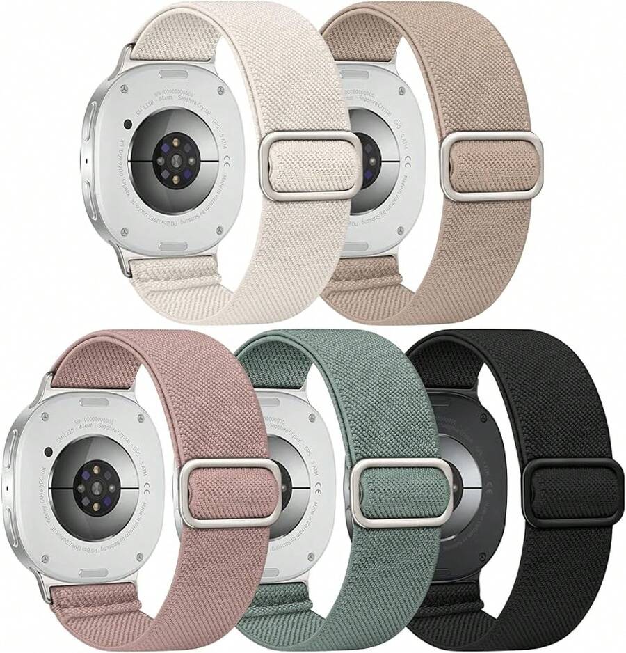 5 Paquetes de Bandas Elásticas Compatibles con Watch 8 6 5 4 FE Banda 40mm 44mm 45mm/Watch 8 Classic 6 4 42mm 46mm 43mm 47mm/Active 2, Correa Deportiva de Nylon Elástico Resistente al Agua de 20mm - Starligh/Té con leche/Rosa/Cactus/Negro - Ver 1
