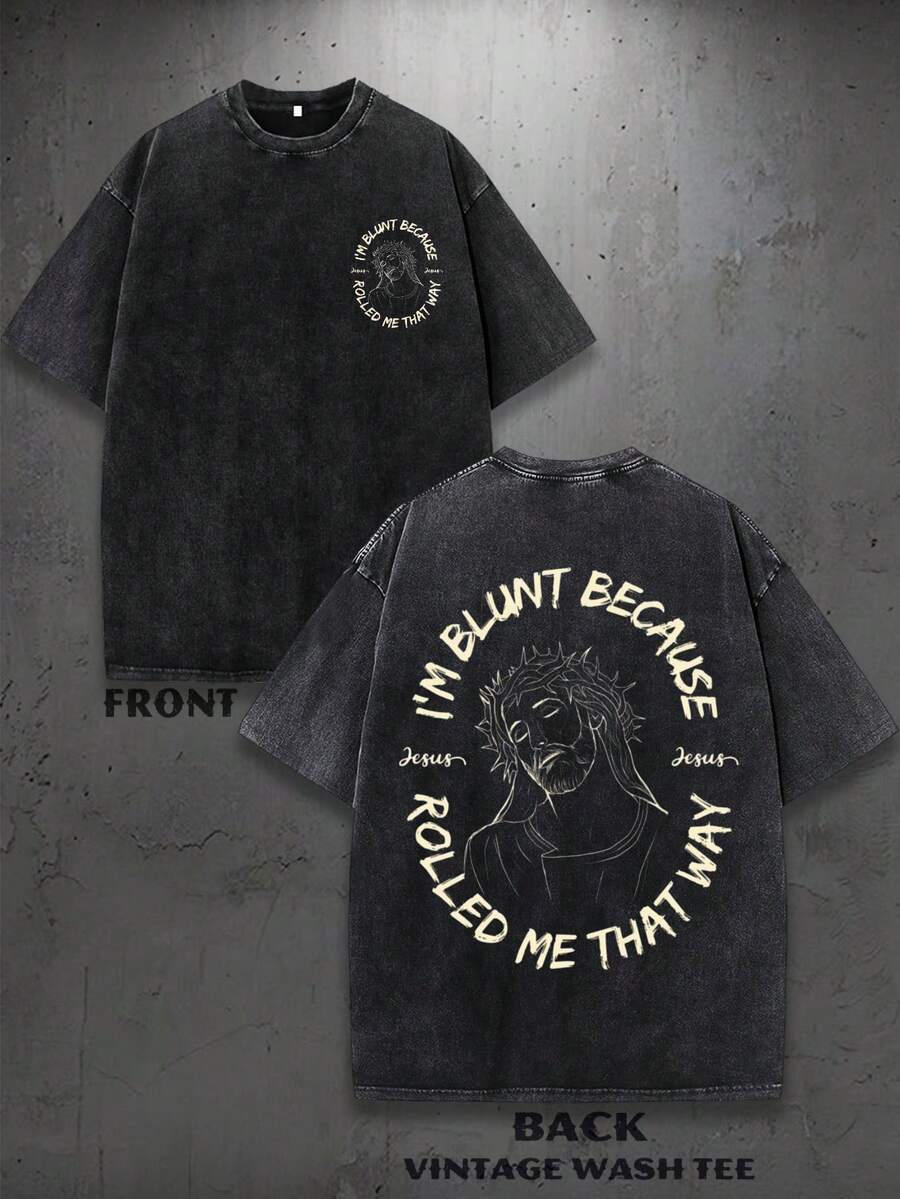 Mens Positive Quote T Shirt  |  Jesus Rolled Me That Way Graphic Tee Casual Daily Wear Gift 100 Cotton 230gsm Heavyweight Washed Vintage Tshirt Unisex Retro Style - 黑色 - 查看 1