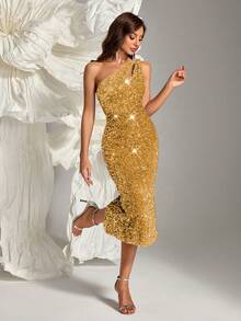 Đầm dạ hội lệch vai ôm sát, đính sequin lấp lánh, sang trọng, thích hợp cho đám cưới mùa xuân. - Vàng - Xem 8