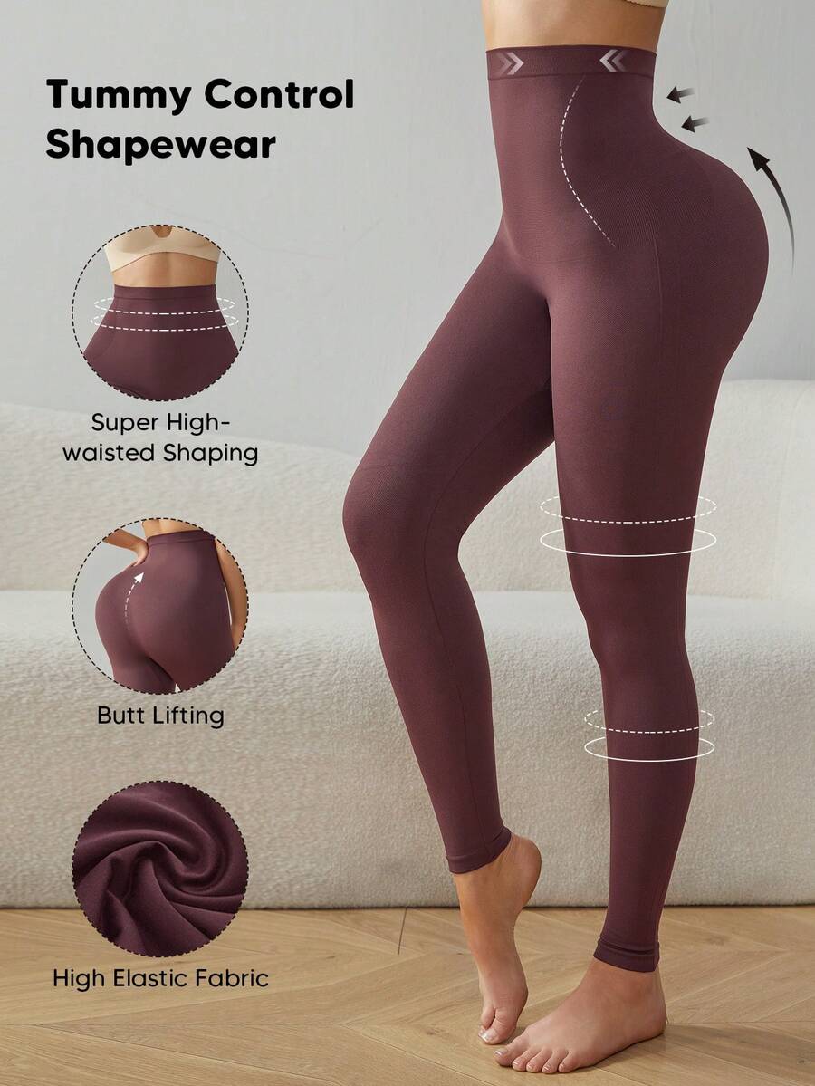 High Waist Seamless Shaping Tummy Control Slimming Leggings - Burgundy - View 1