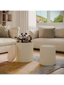 Round Ottoman With Storage Set Of 2, Ottoman Foot Rest, Velvet Vanity Stool, Multifunctional Ottomans For Living Room,Thanksgiving,Christmas Gift - 米色 - 查看 2