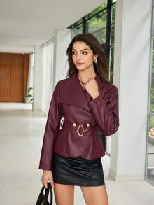 Burgundy Lapel Women's Coat With Metal Buckle And Belt, Casual Women's Wear, Christmas, Date, Winter Coat, Elegant Women's Wear. - Burgundy - View 2