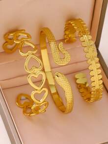 1/3 pièces Ensemble de bracelets en acier de titane pour femmes - Conception de clôture ovale en forme de cœur creux et de serpent, accessoire de mode haut de gamme résistant à la décoloration