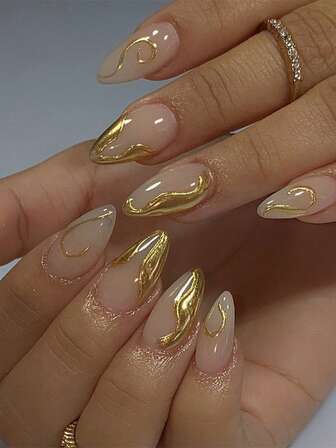 30pcs Press On Nails Short Almond French Tip Nails Y2k Pink Nails Ombre Glossy Geometry Stripes Foil Print Pattern Simple Style Reusable Press On Acrylic Nails Fake Nails Supplies Free Of 24 Pieces Of Jelly Tabs And A Mini File