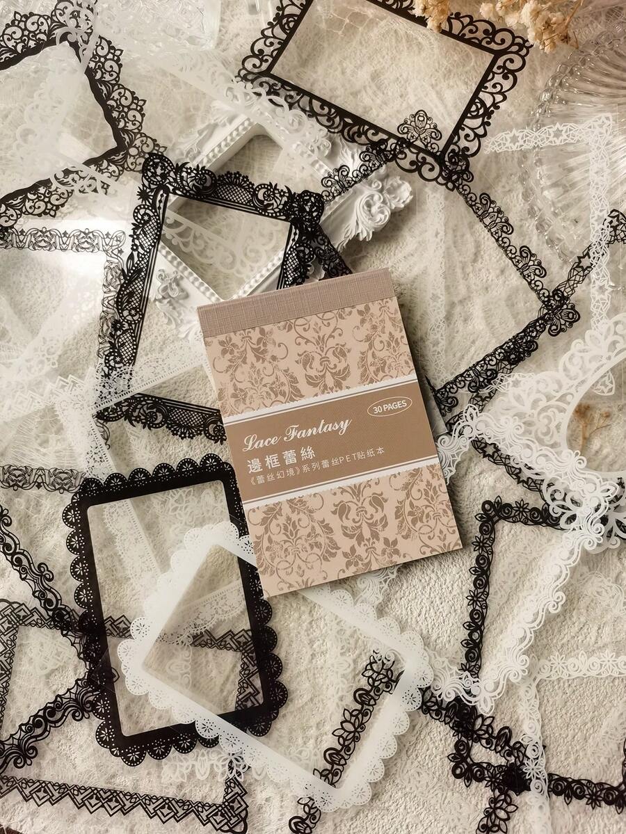 1 Gói 30 Miếng Dán Nền Ren Đen Trắng, Chất Liệu PET, Miếng Dán Trang Trí Sổ Lưu Niệm - Ren viền DT1503 - Xem 1