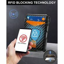 Wallet For Men Mens Minimalist Wallet 9-13 Cards Slim Compact Wallet With Money Clip And ID Window RFID Blocking Smart Pop Up Card Wallet Metal Aluminum Credit Card Holder Bifold Wallet - Sợi Carbon & Xanh lam - Xem 4