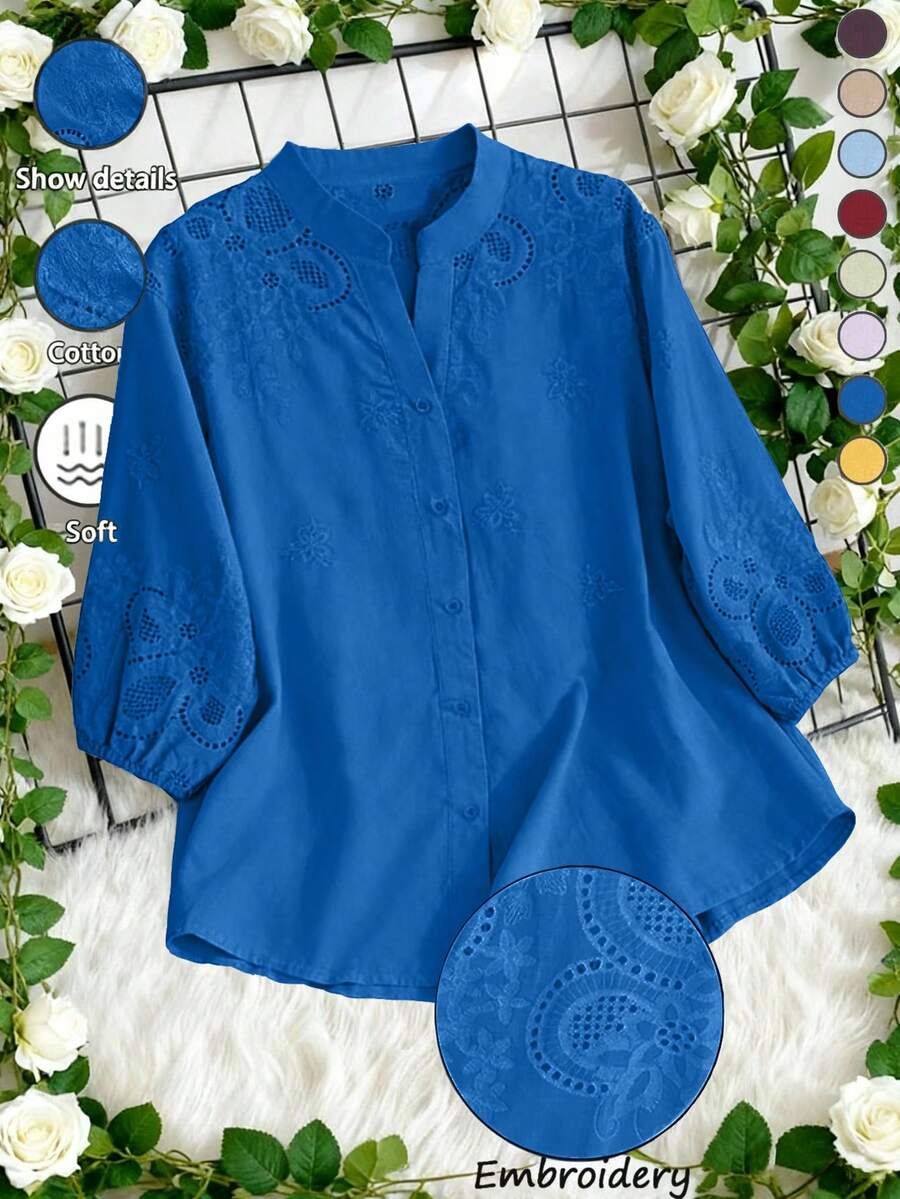 Women's Lightweight Semi-Sheer V-Neck Unstructured Embroidered Blouse, Spring/Summer Vacation - Royal Blue - View 1