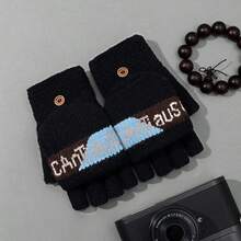 2 Pairs Winter Jacquard Letter Gloves, Thermal Lined Warm Cycling Gloves, Winter Warm Half Finger Flip-Top Gloves - Multicolor - View 5