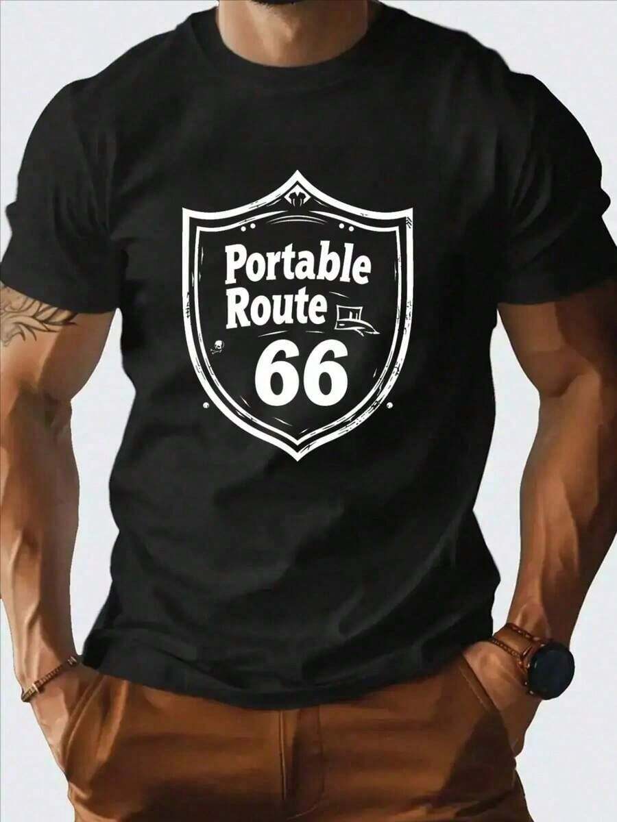 Men's Fashion Pattern Short Sleeve Round Neck Shirt, Soft And Comfortable 100% Cotton Top, Casual Everyday Wear, Suitable For All Four Seasons - Black - View 1