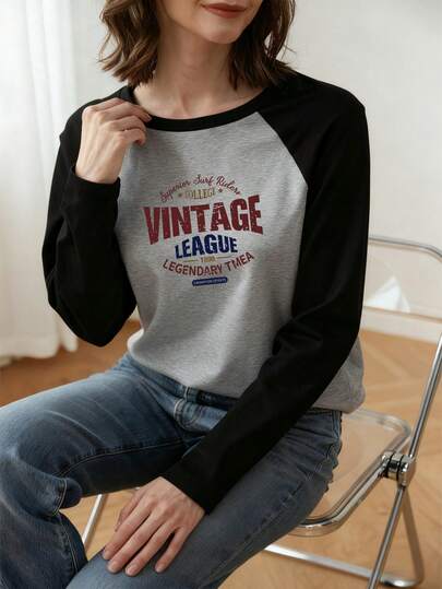 女士复古字母印花撞色插肩袖上衣，Y2K美学宽松长袖T恤，复古学院风印花朋克风T恤，休闲学院风套头T恤