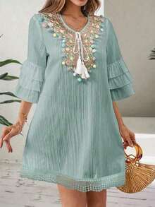 Plus Size Women's Embroidered V-Neck Autumn Dress, Decorated With Colorful Tassels, Ruffle Hem 3/4 Sleeves, Bohemian Style Knee-Length Dress, Embroidered Tassel Trim At Neckline, Layered Half Sleeves Design. Elegant - Mint Green - View 4