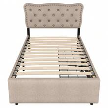 Flat Bed 90*200, Padded Bed, Bedside Table Cushion With Decorative Studs, Double Drawers, Light Beige Color - Beige Brown + MDF - View 11