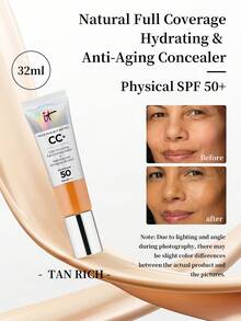 IT Cosmetics CC+霜，SPF 50+，古铜色，32毫升/1.08盎司 | 多效合一遮瑕粉底护肤 | SPF 50+广谱防晒，抵御紫外线损伤 | 蕴含透明质酸、抗氧化剂和肽等保湿成分，令肌肤健康透亮 - Tan Rich - 查看 6