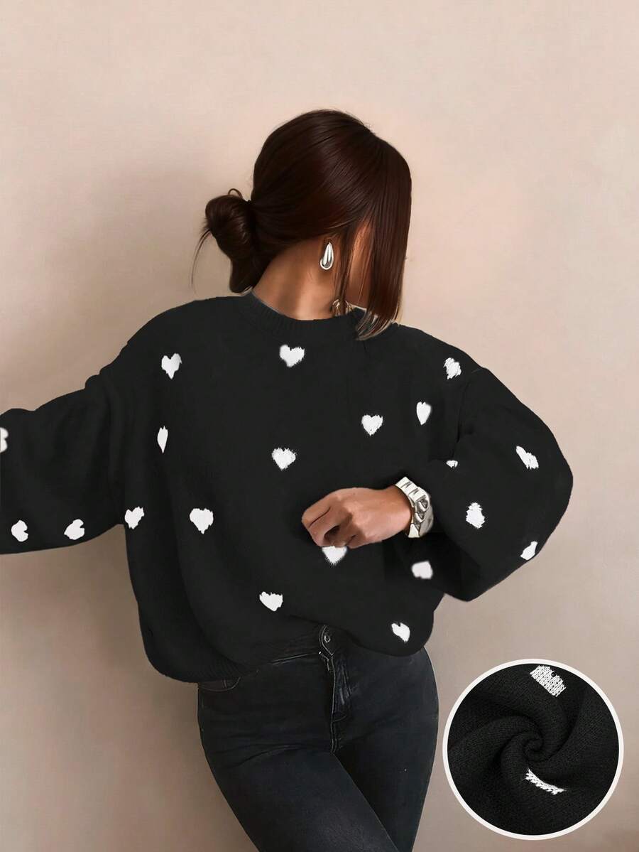 Autumn And Winter Women's Valentine's Day Cute Casual Heart-Patterned Loose-Fit Fashionable Sweater With Round Neck And Long Sleeves, Basic Sweater, Business Casual Women's Clothing, Autumn Top, Autumn Sweater, Women's Winter Clothing, Women's Autumn And Winter Clothing, Autumn Clothing - Black - View 1
