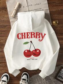 秋冬女装CHERRY樱桃字母图案长袖连帽卫衣，休闲宽松多功能度假风上衣，适合日常穿着的时尚秋季女装 - 白色 - 查看 2