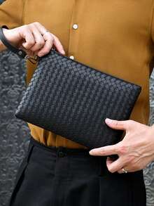 1 pieza Nuevo bolso de mano de hombre de unicolor negro y marrón tejido, de gran capacidad con cremallera, correa de muñeca, portadocumentos, bolsillo para teléfono, monedero, adecuado para negocios, ir al trabajo, viajes