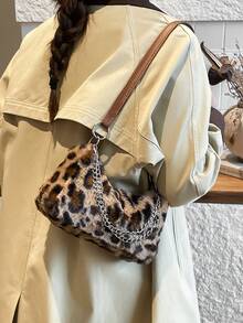 Leopard Print Fuzzy Shoulder Bag (Print Placement Random) - Brown - View 7