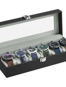 Watch Box With 6 Slots, Watch Case With Glass Lid, Watch Display Box With Removable Watch Pillows, Metal Clasp, Gift Idea, Black Synthetic Leather, Greenish Grey Lining - Grey - View 8