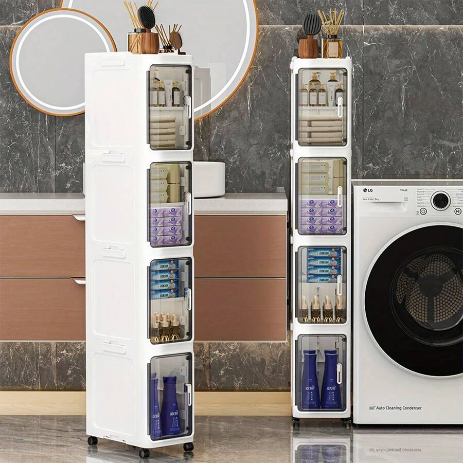 1/2/3/4-Tier Tall Narrow Storage Cabinet With Movable Wheels, Adjustable Shelves, Anti-Tip, Slim, For Small Space, Bathroom, Kitchen, Laundry, White - trắng - Xem 1
