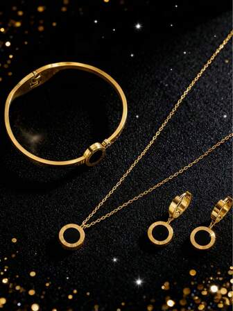 VceTd 3件/4件套简约不锈钢首饰套装，罗马数字雕刻圆形吊坠设计，适合男士日常通勤或旅行佩戴，也是馈赠亲友的绝佳礼物。