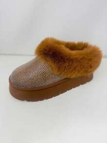 Womens Casual Fluffy Boots Fashion Faux Fur Rhinestone Slippers Chestnut Cozy Slip-On Platform House Shoes Soft Warm Lining With Sparkling Design Perfect For Fall/Winter Indoor And Outdoor Use - Maroon - View 2