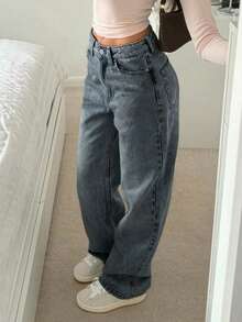 MYOURSA Low-Rise Straight Leg Washed Jeans, Loose Fit, Casual Commute Daily Wear, Women, Blue-Gray - Grey - View 4