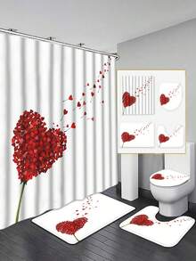 1 Stück/3 Stücke/4 Stücke Valentinstag Duschvorhang Set - romantisches Herzenmuster, wasserbeständiges Polyester, maschinenwaschbar, inklusive 12 Haken, rutschfeste Badematte, U-förmige Toilettenvorlage, Toilettendeckelabdeckung, ganzjährige Heimdekoration, Liebe-Themen Badezimmer Accessoires