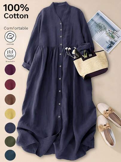 女式 V 领前开式休闲优雅 3/4 袖宽松中长连衣裙，秋季/春季