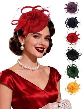 1件装女士花朵头饰帽，西纳梅羽毛茶会头饰，德比帽，婚礼头带和夹子