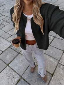 女款秋冬新款法式浪漫優雅女士寬鬆極簡時尚針織開襟上衣 - 黑色 - 查看 8