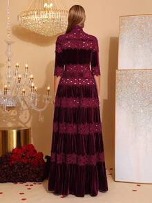 新款复古花卉刺绣镂空设计法兰绒长款连衣裙，高领长袖修身褶皱性感礼服，女士婚礼、派对、正式晚礼服 - 酒紅色 - 查看 6