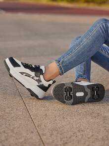 儿童PU皮革魔术贴厚底轮滑鞋，可拆卸四轮，男女童皆宜，日常穿着，四季皆可