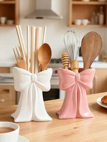 1pc Cute Ceramic Bow-Knot Shaped Utensil Holder, Fashionable Kitchen Utensil Organizer Rack, Can Hold Spoons, Chopsticks, Whisks And Cooking Tools, Modern Decorative Countertop Storage, An Ideal Choice For Home Kitchen Essentials - Multicolor - View 2