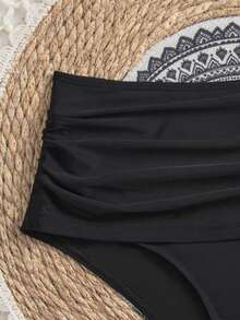 High Waist Pleated Bikini Bottoms, Casual & Versatile, Highly Elastic & Comfortable Vacation - Black - View 5