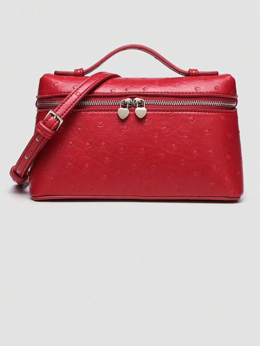 1pc Solid Color Ostrich Grain PU Square Shoulder Bag, Small Handbag For Women, Suitable For Everyday Stylish Matching And Travel - Đỏ - Xem 1